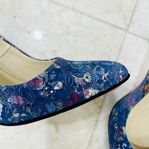 ZAPATO {38} Pumps Floral Fabric Blue Metallic Handmade - Picture 13 of 16